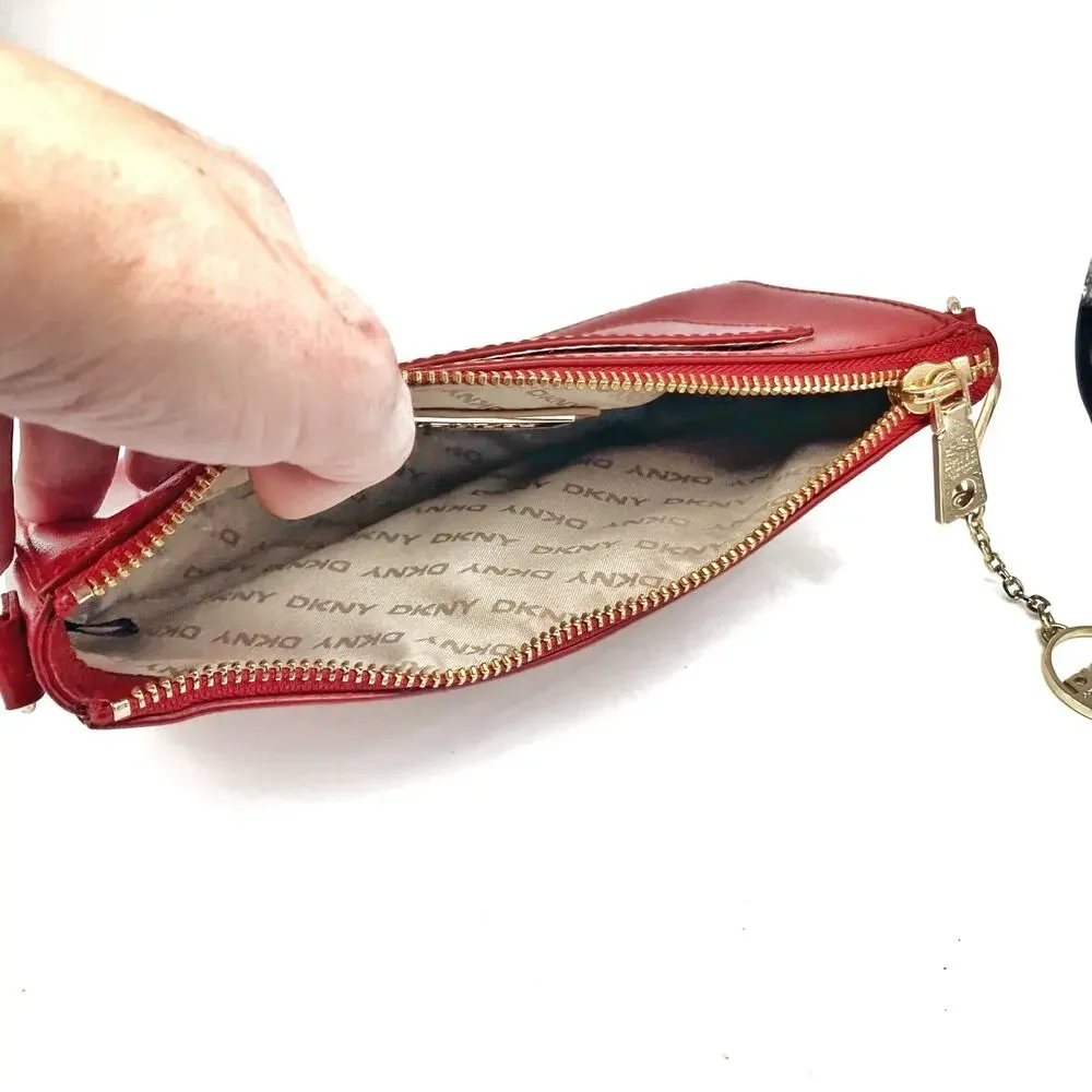 DKNY Red Saffiano Leather Studded Crossbody Clutch, Gold Hardware & Charm NWOT